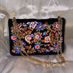 Floral Embroidered Gold Chain Handbag